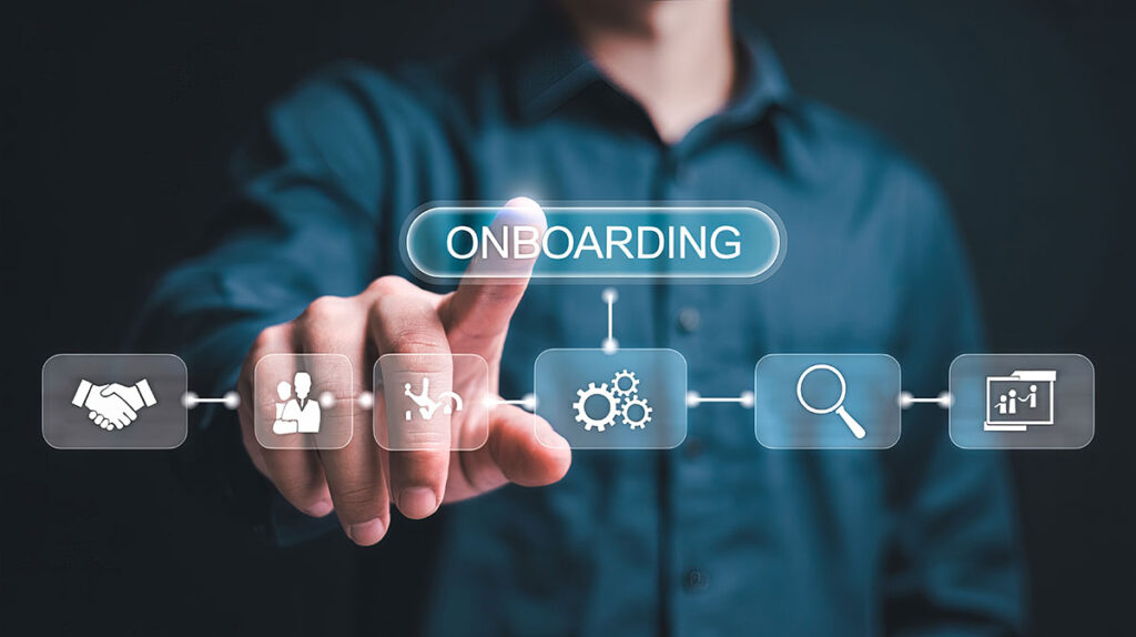 business leader pressing onboarding buttons